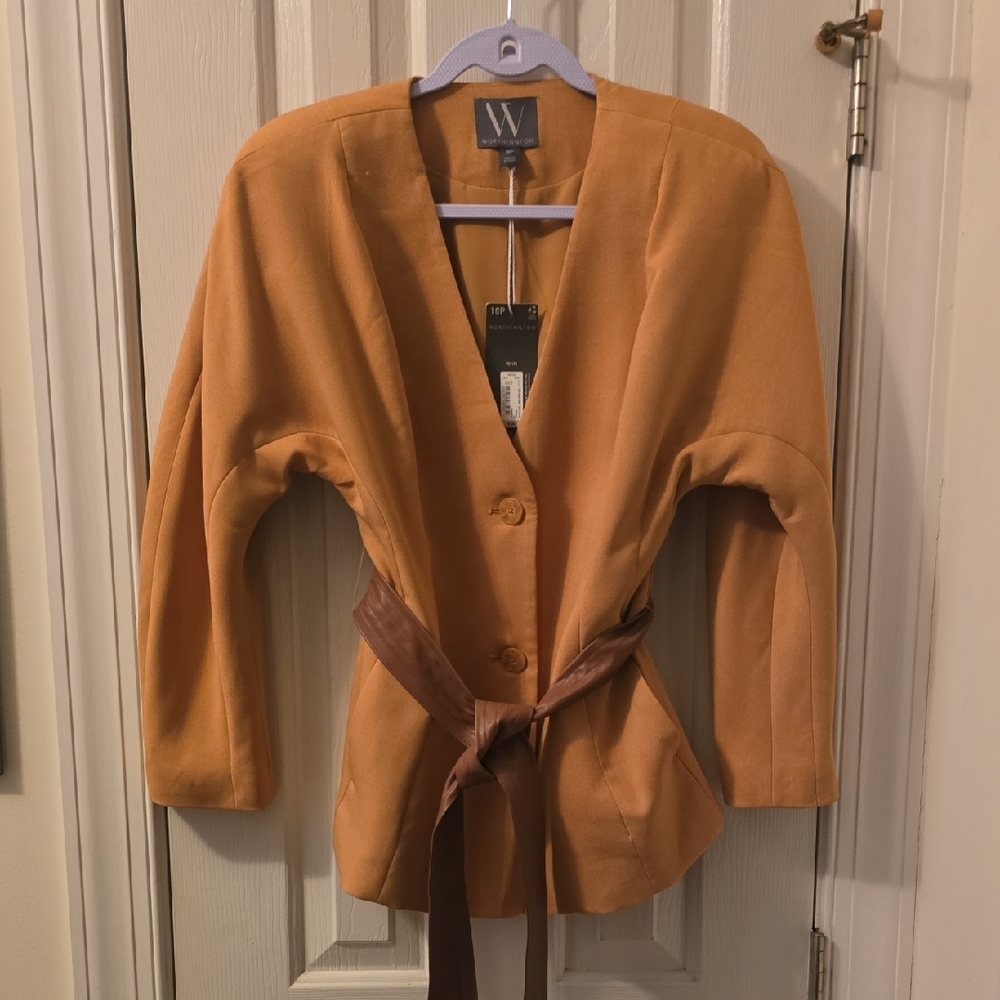 WORTHINGTON WOMENS PETITE GOLDTONE LONG SLEEVES LINED BELTED JACKET TOP SIZE 10P